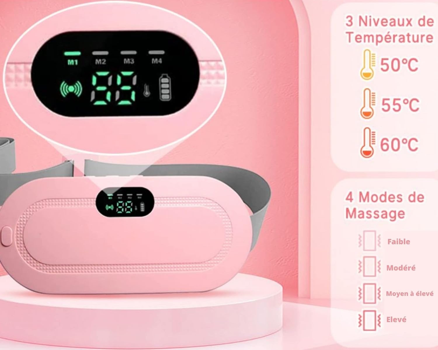 3 Heat Levels, 4 Massage Modes – Fast Relief for Menstrual Cramps