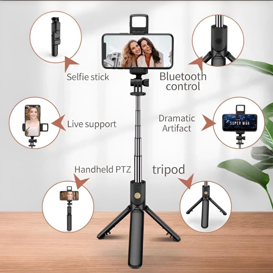 360° Foldable Selfie Rod for Phone & Action Camera with LED Light